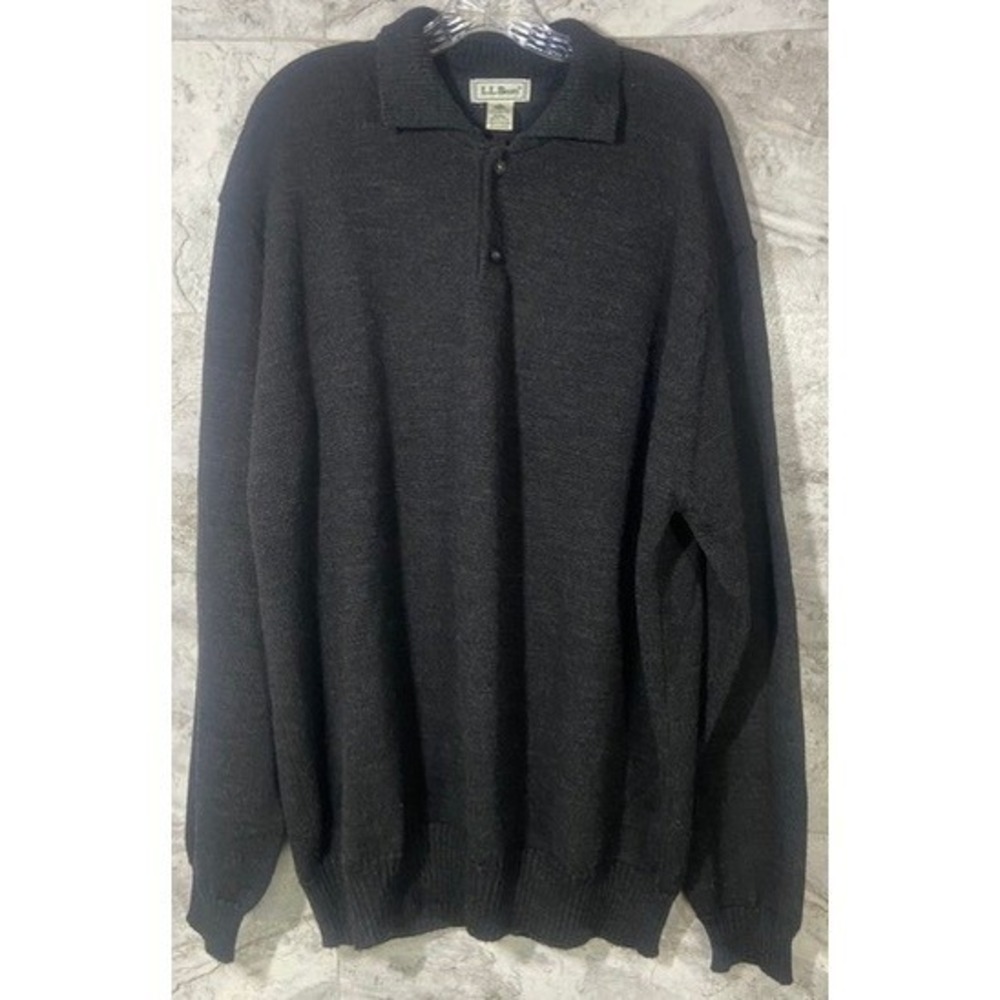 LL Bean Men's Tall XXL 100% Merino Wool Dark Gray Quarter Button Sweater